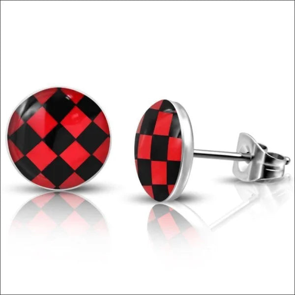 Stoere Stalen Logo Oorknoppen - Trendy Oorbellen 7mm / Geruit-rood-zwart