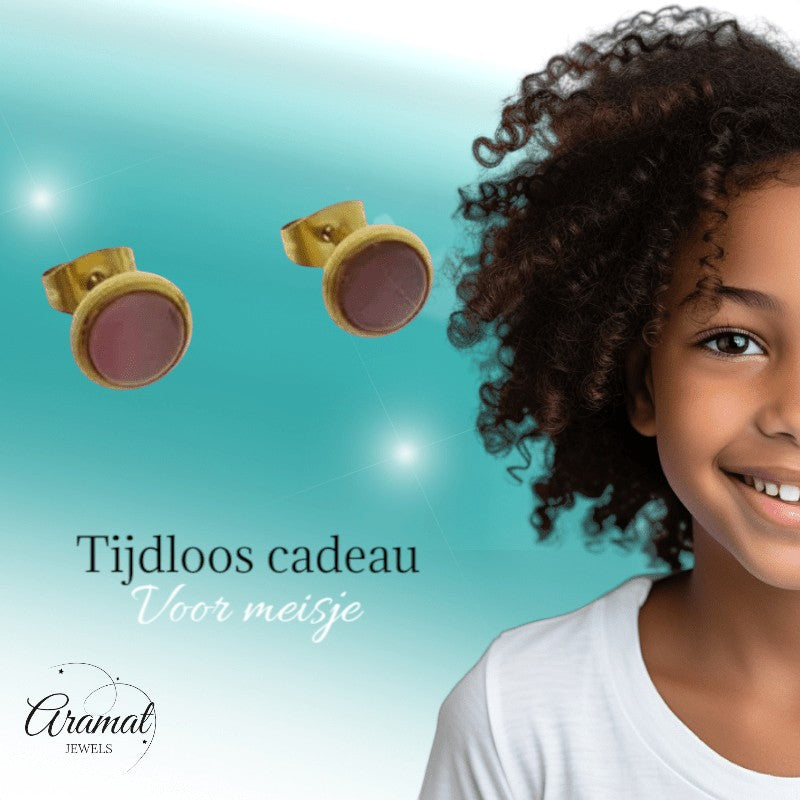 Kattenoog Oorbellen 8mm – Roze - Goudkleurig - Aramat Jewels - Oorbellen - cadeautip