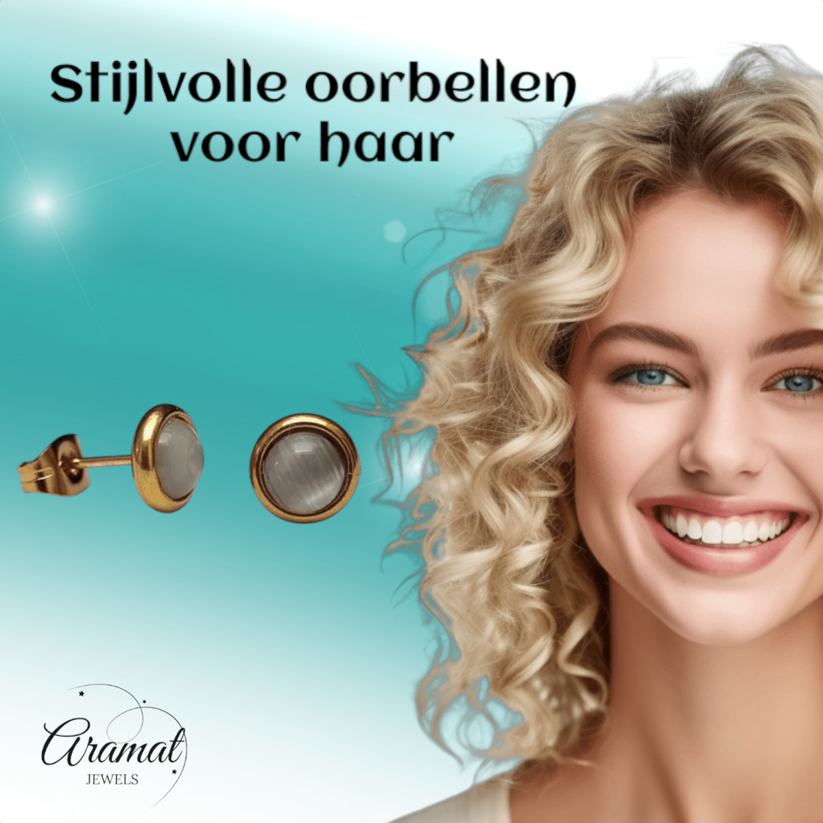 Kattenoog Oorbellen 8mm – Wit - Goudkleurig - Aramat Jewels - Oorbellen - cadeautip