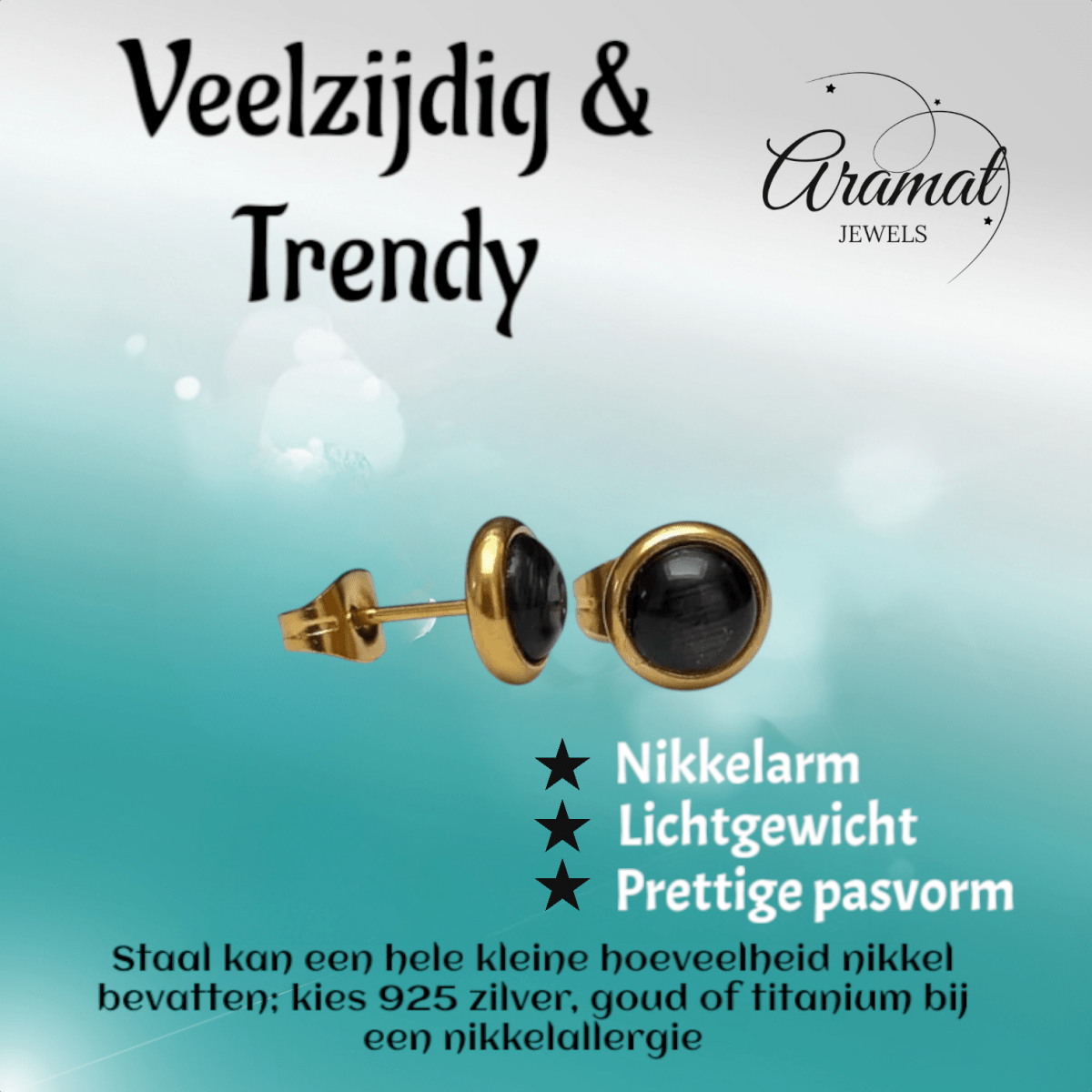 Kattenoog Oorbellen 8mm – Zwart Goudkleurig - Aramat Jewels - Oorbellen - cadeautip