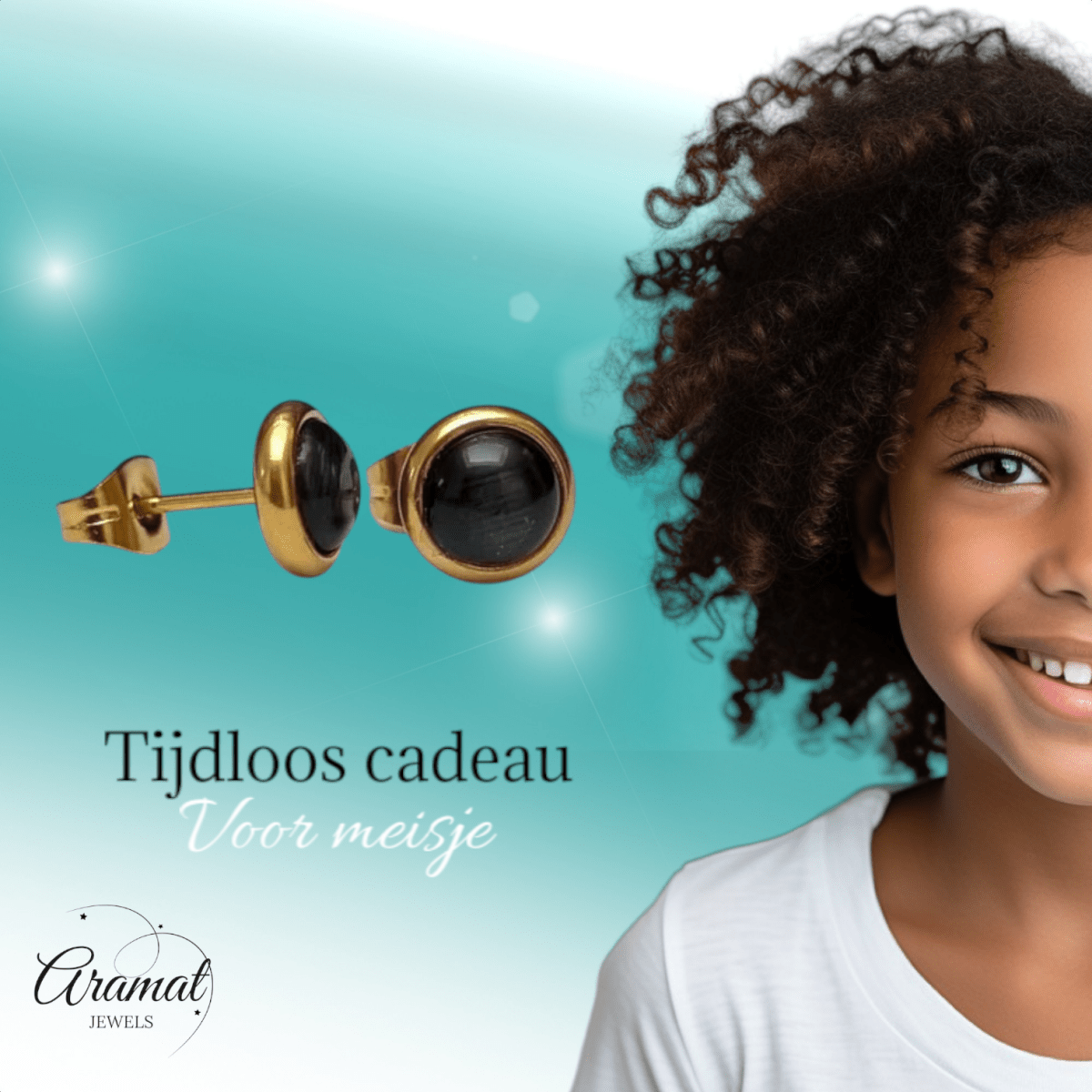 Kattenoog Oorbellen 8mm – Zwart Goudkleurig - Aramat Jewels - Oorbellen - cadeautip
