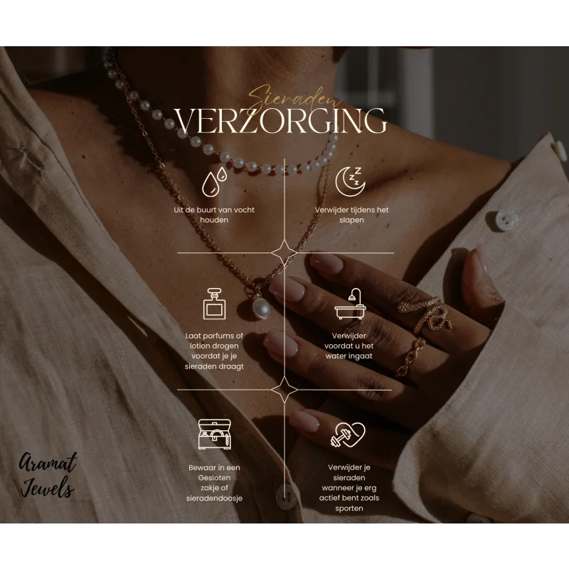 Infographic met verschillende aspecten van de verzorging en het onderhoud van sieraden in het Nederlands.