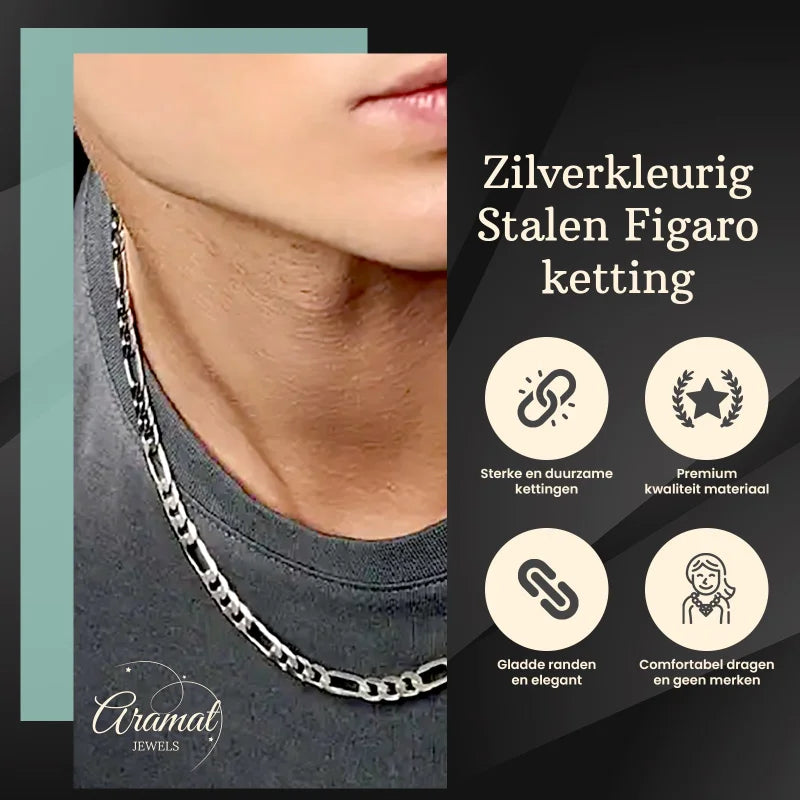 Zilverkleurige Figaro ketting met afwisselende schakels.