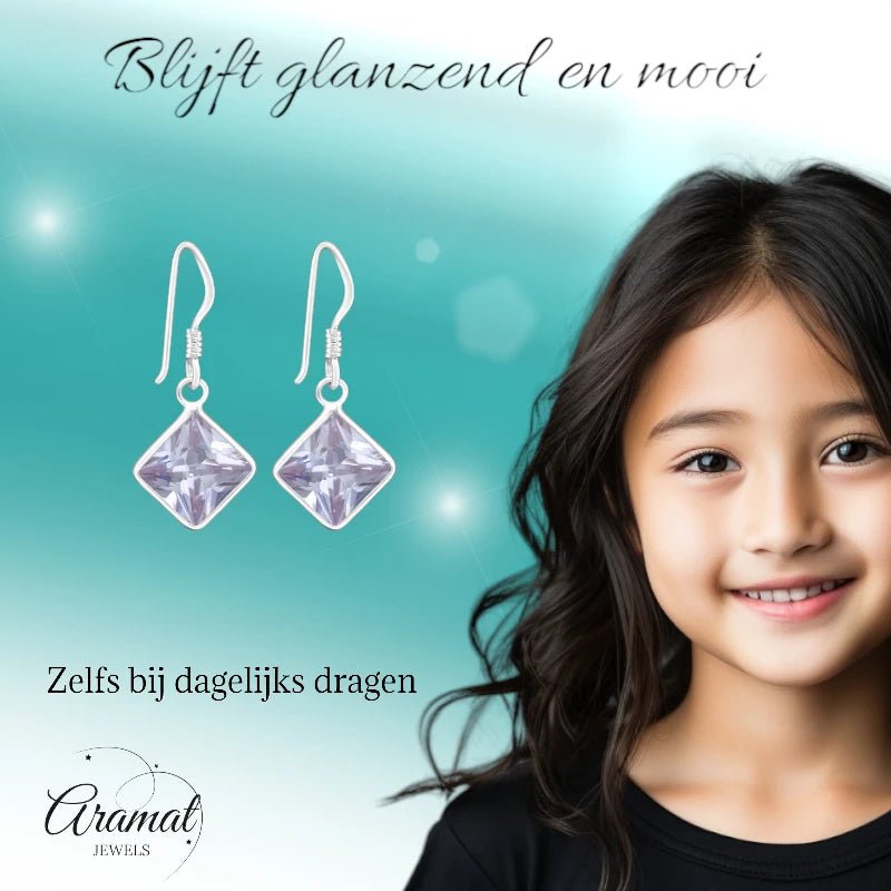 Kinder Oorhangers Lila 925 Zilver – Vierkant Steentje - oor5322 - 444 - Oorhangers kopen# - 18mm - 925 Zilver - alles