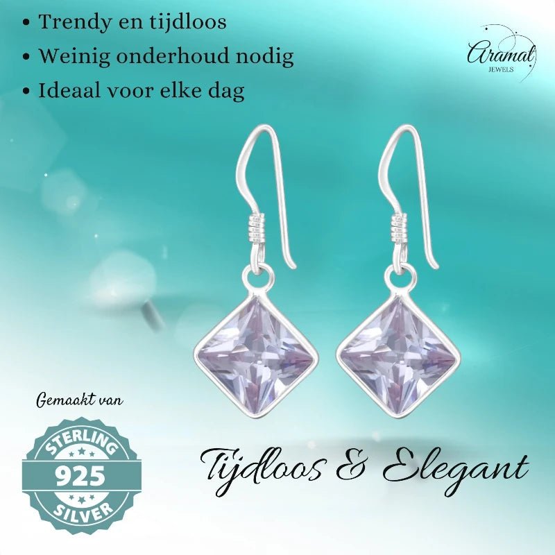 Kinder Oorhangers Lila 925 Zilver – Vierkant Steentje - oor5322 - 444 - Oorhangers kopen# - 18mm - 925 Zilver - alles