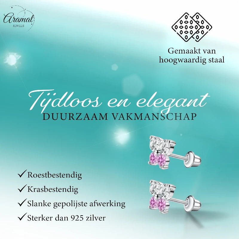 Kinderoorbellen RVS Vlinder met Zirkonia – 5x6mm – Schroefsluiting - oor6269 - 72435 - Oorbellen kopen# - 5mm - alles - bolletjes