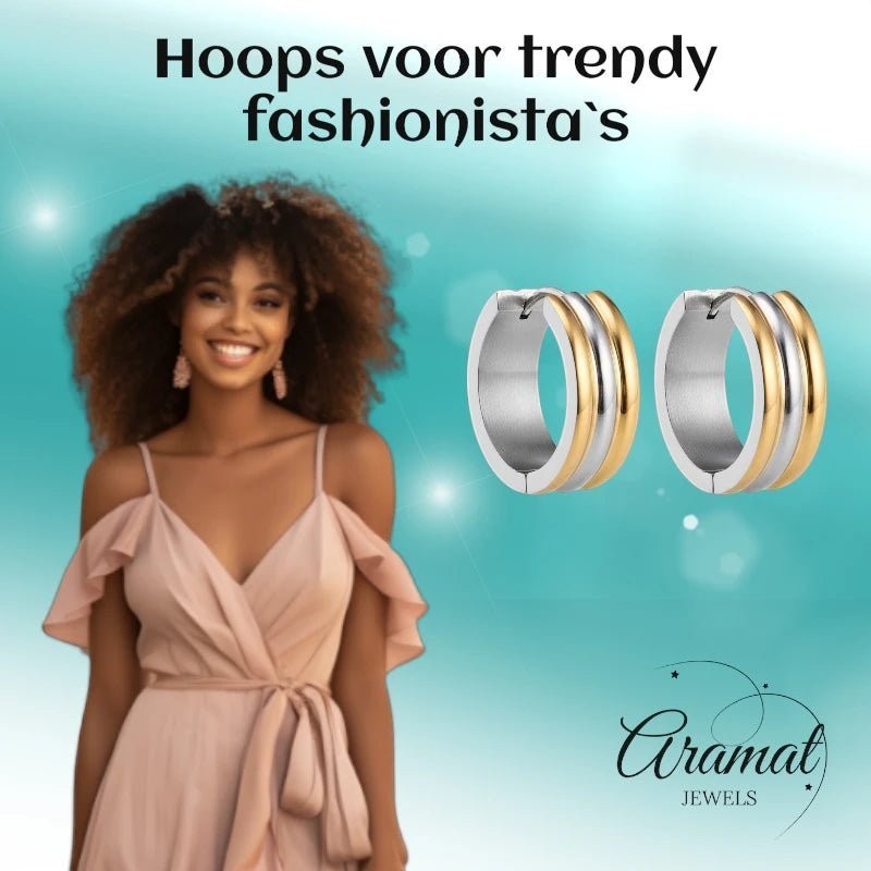 Klapcreolen – RVS Bicolor Goudkleur & Zilverkleur Strepen (13mm) - Aramat Jewels - Oorringen - cadeautip