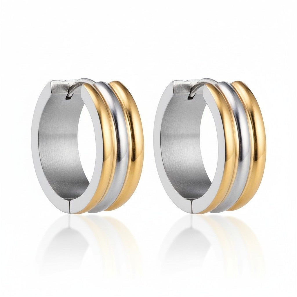 Klapcreolen – RVS Bicolor Goudkleur & Zilverkleur Strepen (13mm) - Aramat Jewels - Oorringen - cadeautip