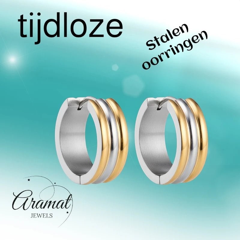 Klapcreolen – RVS Bicolor Goudkleur & Zilverkleur Strepen (13mm) - Aramat Jewels - Oorringen - cadeautip