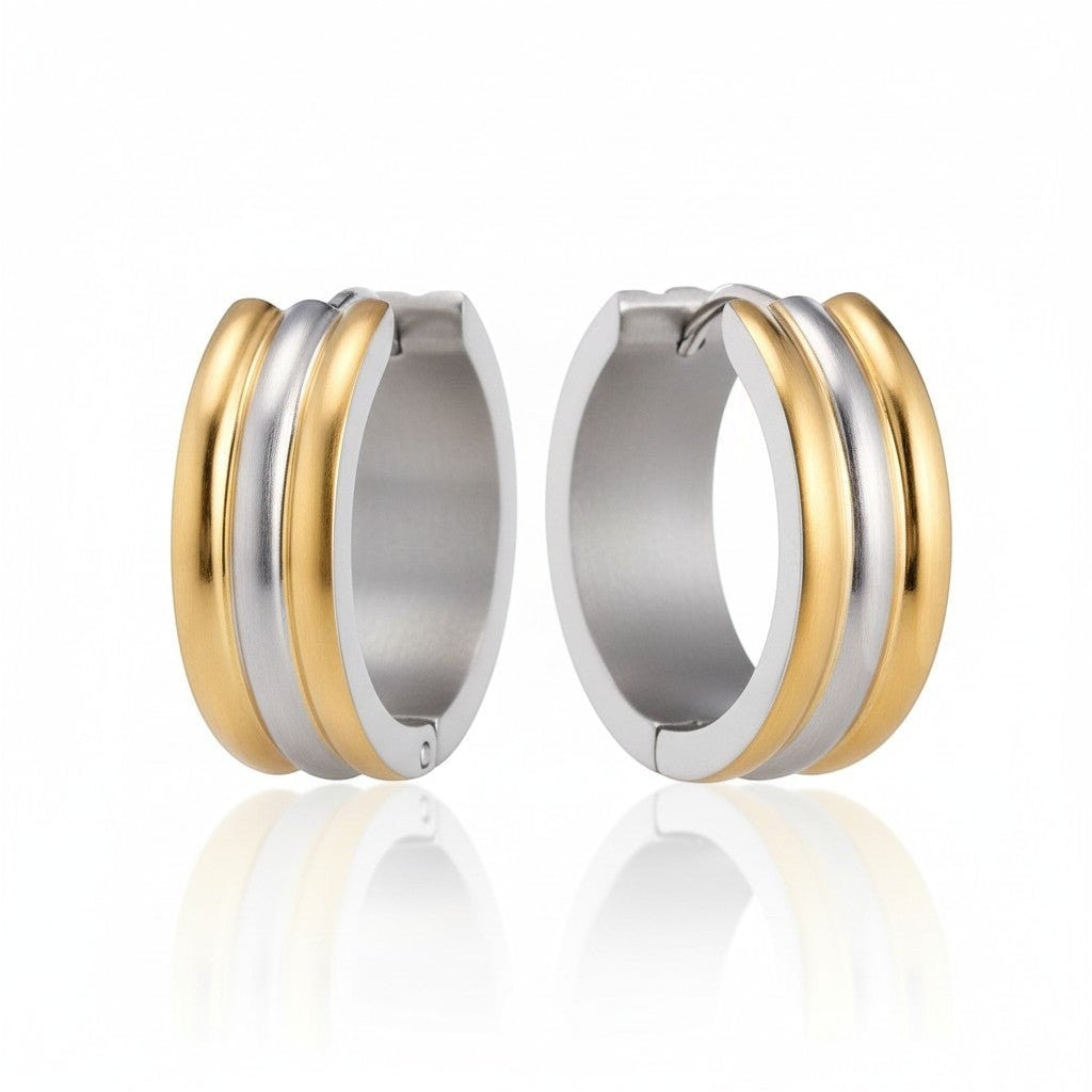 Klapcreolen – RVS Bicolor Goudkleur & Zilverkleur Strepen (13mm) - Aramat Jewels - Oorringen - cadeautip