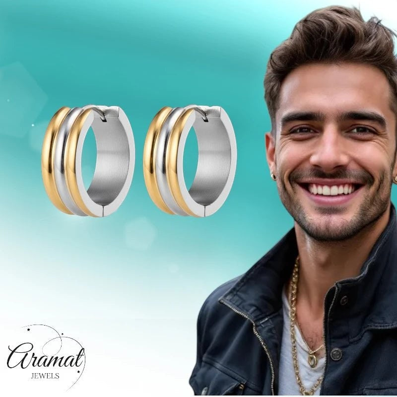 Klapcreolen – RVS Bicolor Goudkleur & Zilverkleur Strepen (13mm) - Aramat Jewels - Oorringen - cadeautip