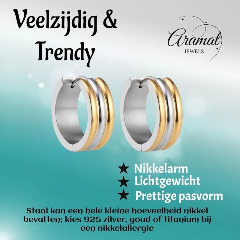 Klapcreolen – RVS Bicolor Goudkleur & Zilverkleur Strepen (13mm) - Aramat Jewels - Oorringen - cadeautip