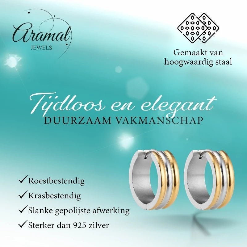 Klapcreolen – RVS Bicolor Goudkleur & Zilverkleur Strepen (13mm) - Aramat Jewels - Oorringen - cadeautip
