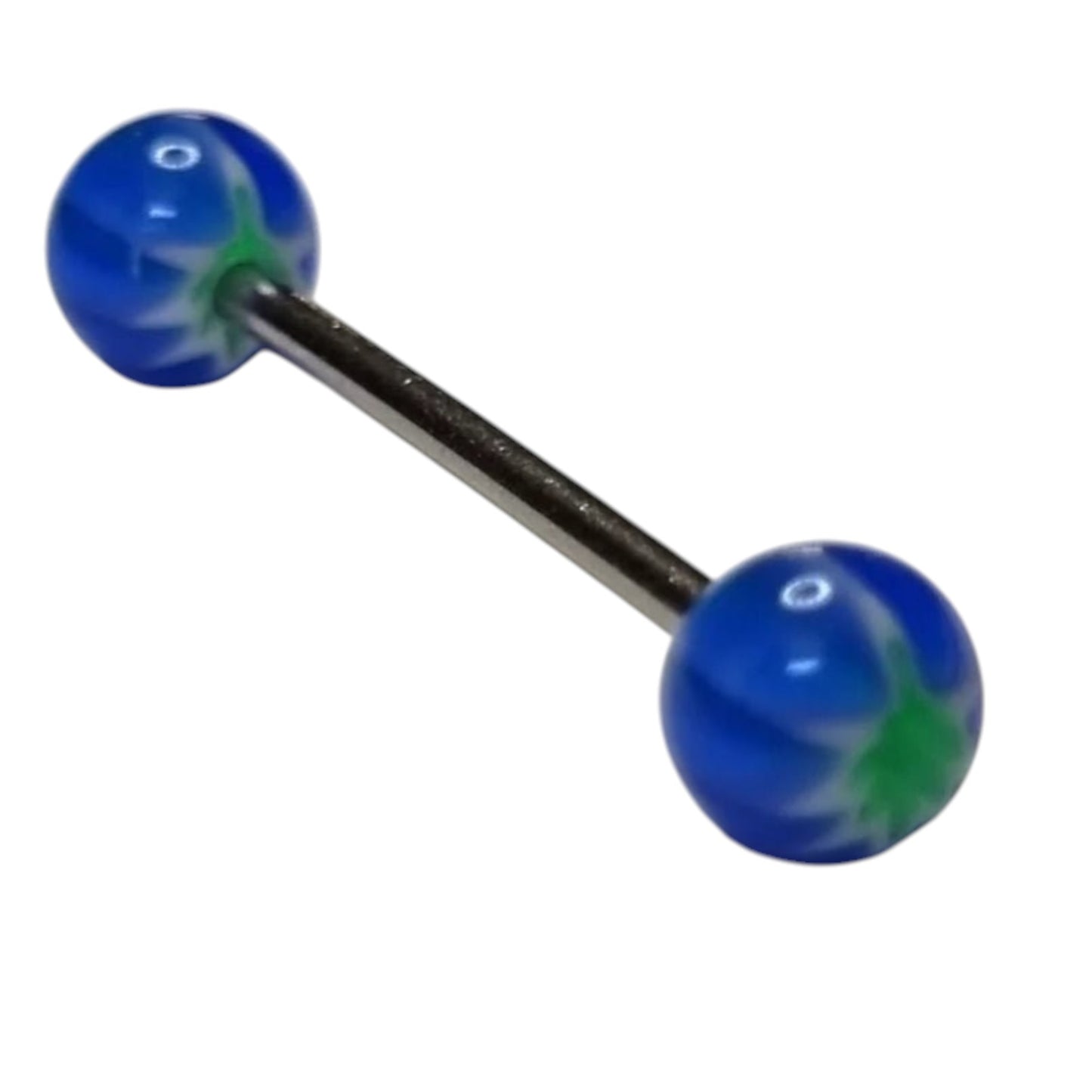 Een paar blauwe en groene glazen bollen