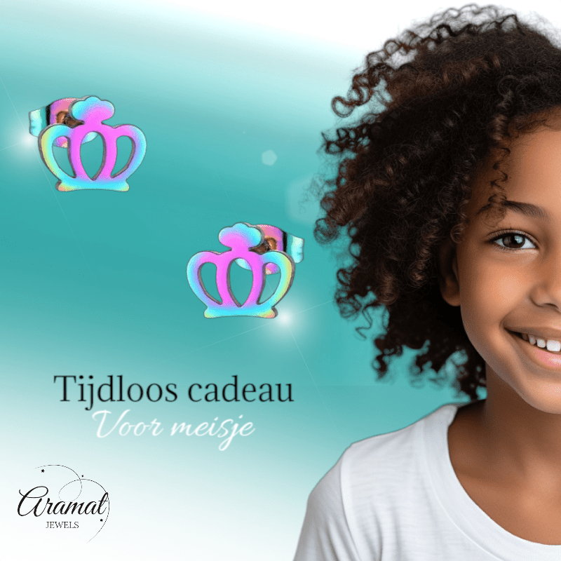Kleurrijke RVS Kroontjes Oorbellen – Multikleur (9mm) - Aramat Jewels - Oorbellen - cadeautip