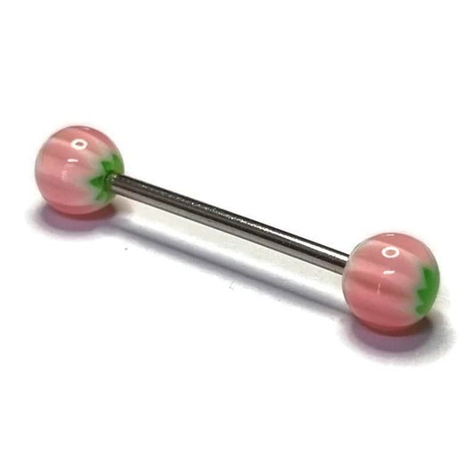 Een roze en groene bal met een groene steel