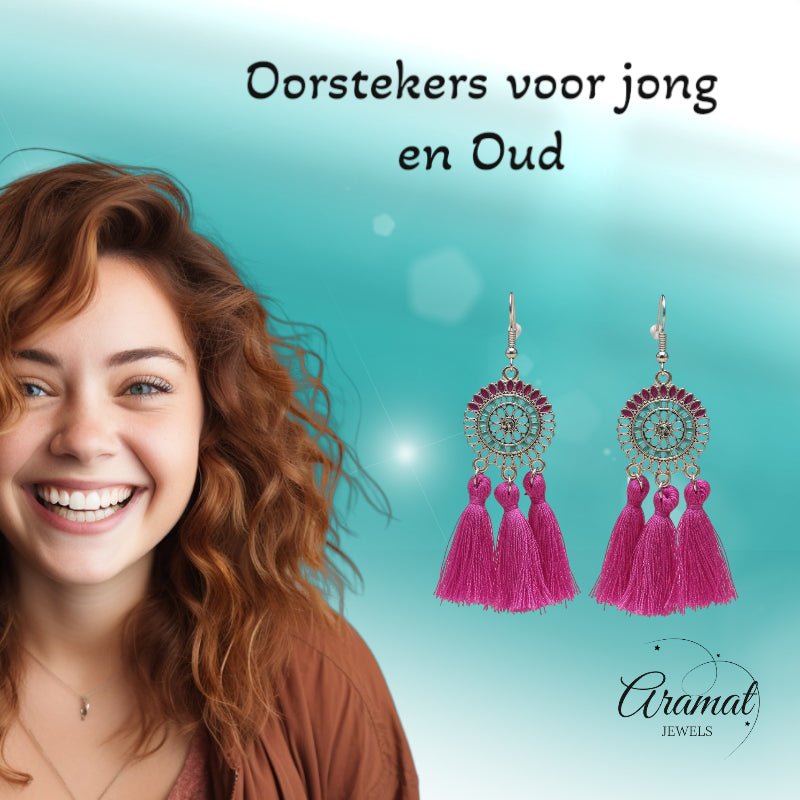 Kwastjes oorhangers boho stijl paars - Aramat Jewels - Oorbellen - cadeautip