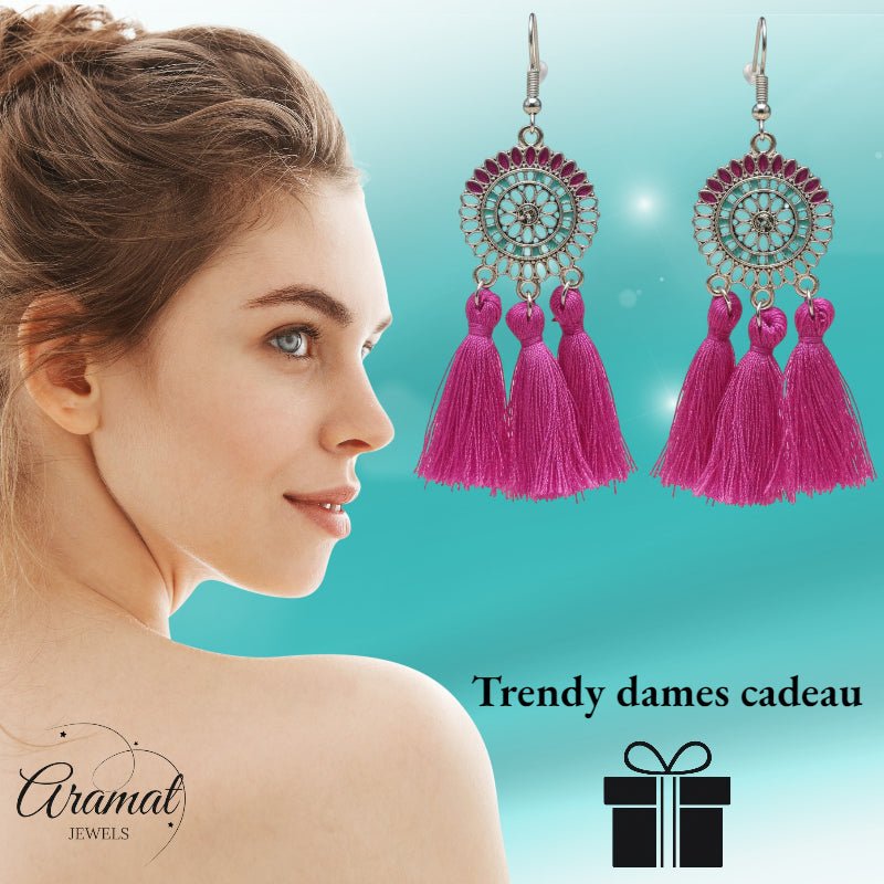 Kwastjes oorhangers boho stijl paars - Aramat Jewels - Oorbellen - cadeautip