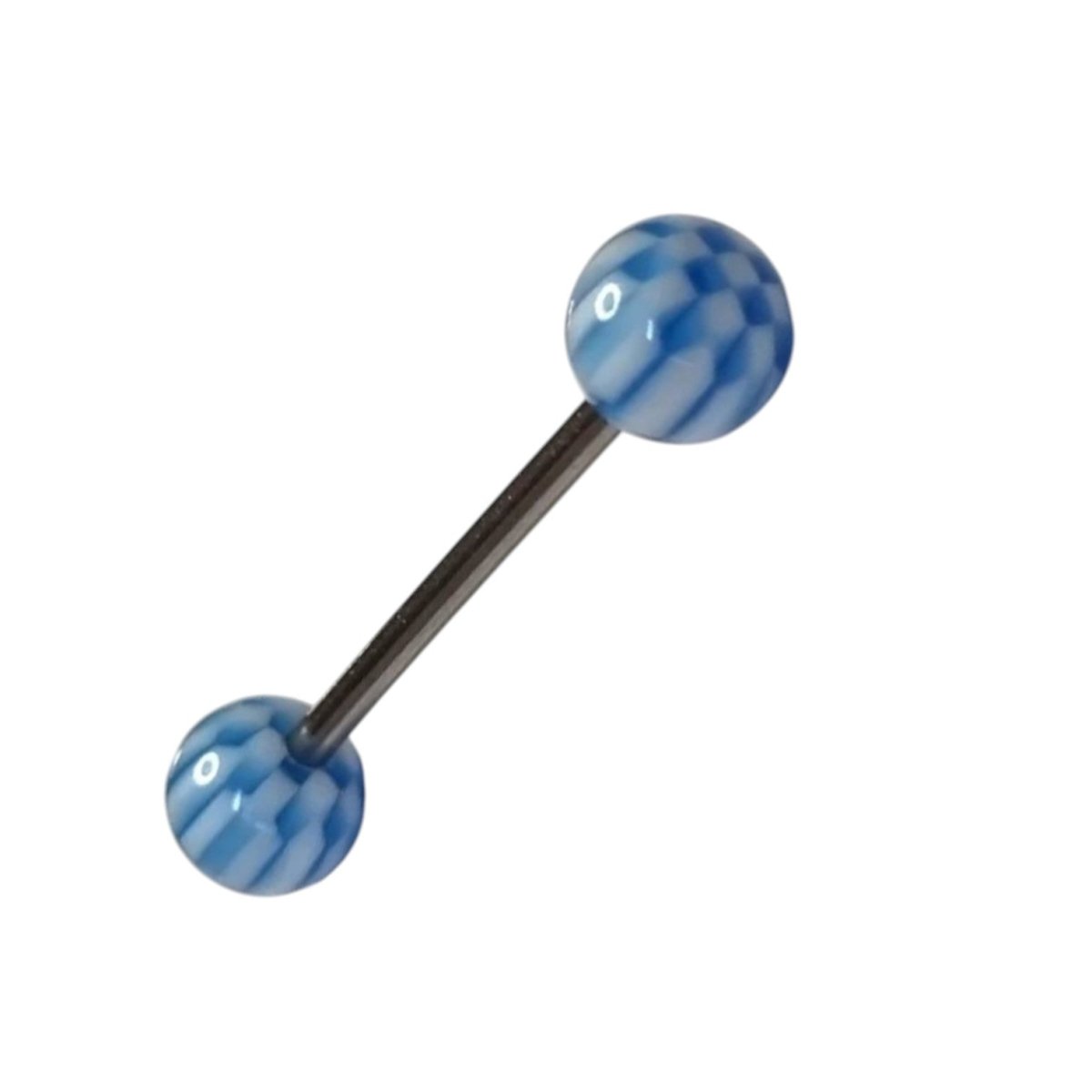 Aramat Jewels tongue piercing with white and light blue checkered acrylic balls and a silver-tone steel bar.