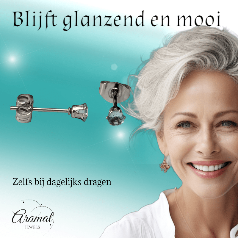 Lichtblauwe Zirkonia Oorbellen – 3mm – RVS - Aramat Jewels - Oorbellen - cadeautip