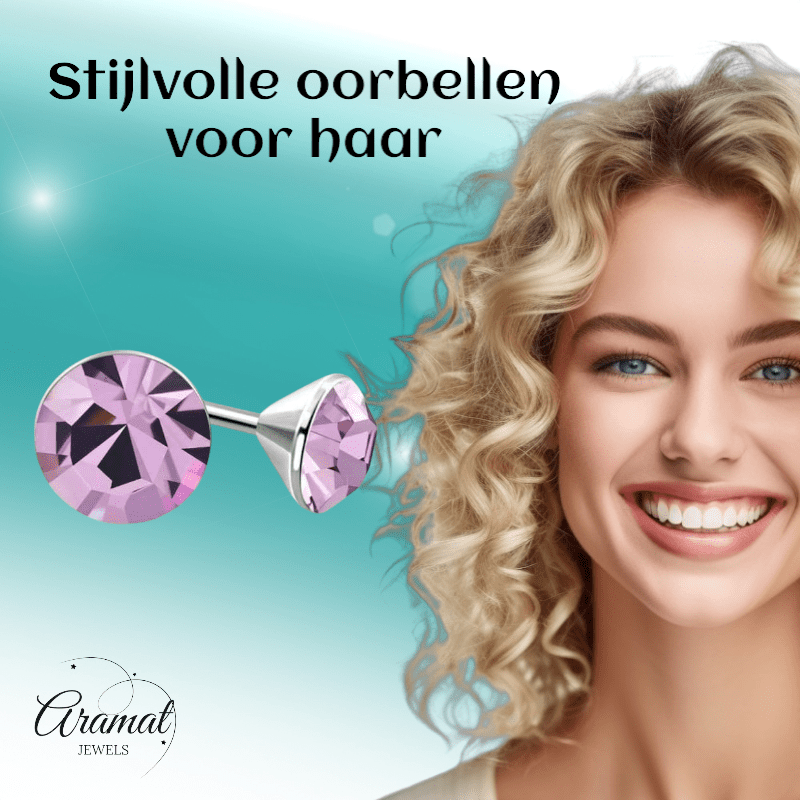 Lila Kristallen Oorstekers – 3mm – RVS - Aramat Jewels - Oorbellen - cadeautip