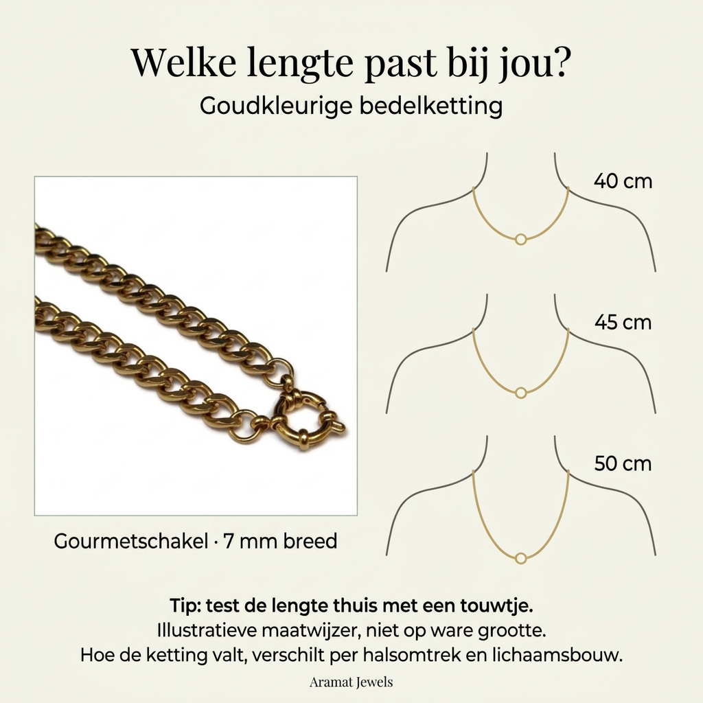 Maatwijzer voor de goudkleurige gourmet bedelketting van 7 mm