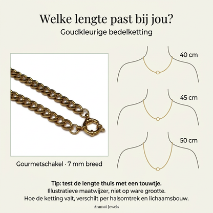 Maatwijzer voor de goudkleurige gourmet bedelketting van 7 mm