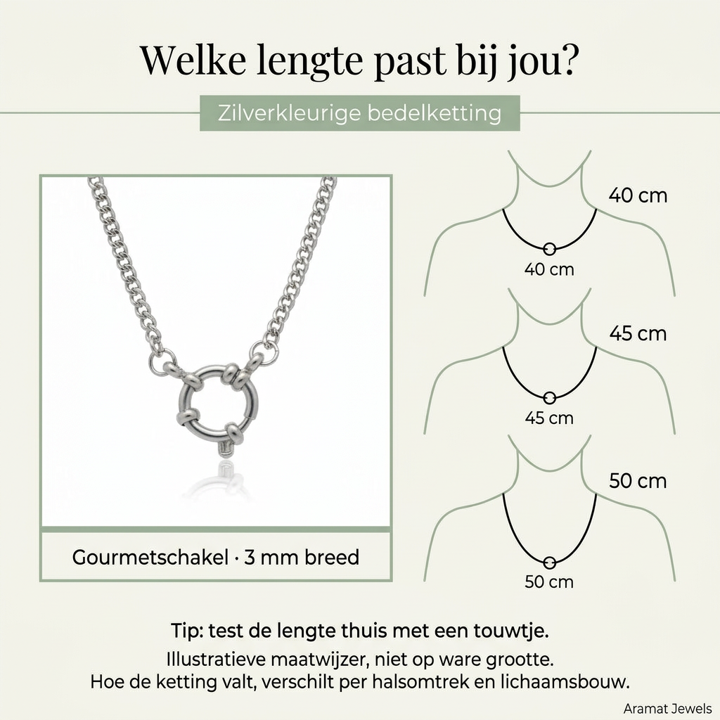 Maatwijzer voor de zilverkleurige bedelketting met voorsluiting