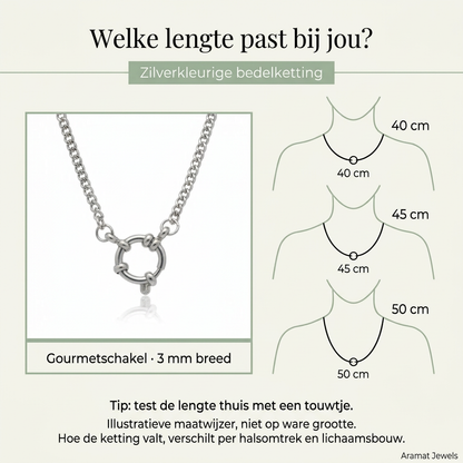 Maatwijzer voor de zilverkleurige bedelketting met voorsluiting