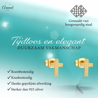 Gouden oorbellen met kruis.