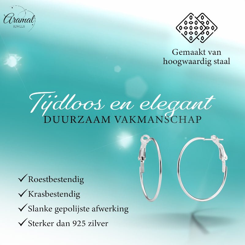 Zilverkleurige stalen oorringen 30mm met klapscharnier, lichtgewicht en personaliseerbaar met oorbedels voor dames