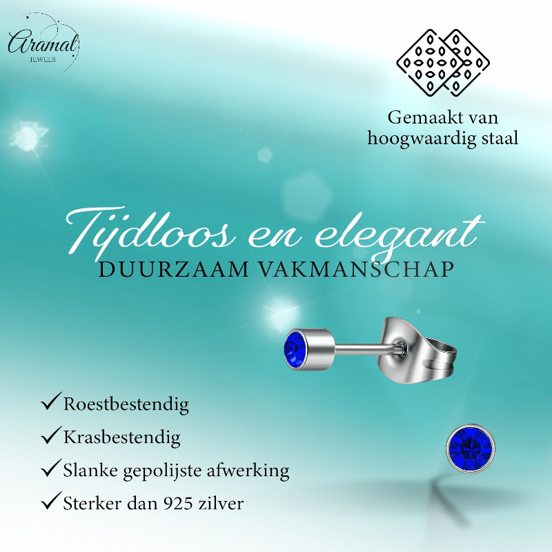 Mini kristal oorstekers blauw – 3mm zilverkleur - Aramat Jewels - Oorbellen - cadeautip