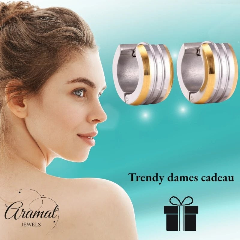 mini Oorringen – Staal Bicolor Strepen Mat (13mm) - Aramat Jewels - Oorringen - cadeautip