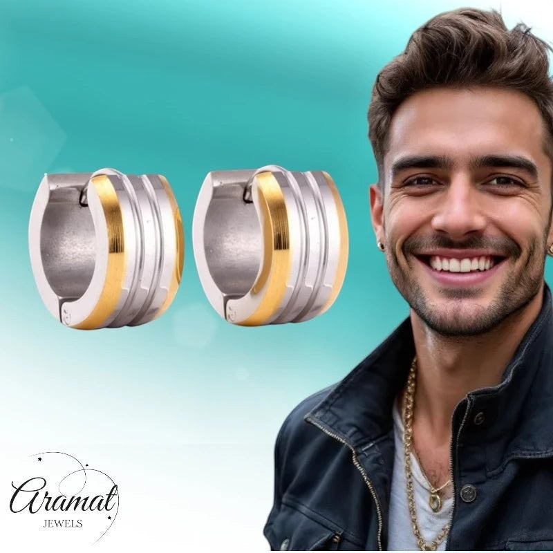 mini Oorringen – Staal Bicolor Strepen Mat (13mm) - Aramat Jewels - Oorringen - cadeautip