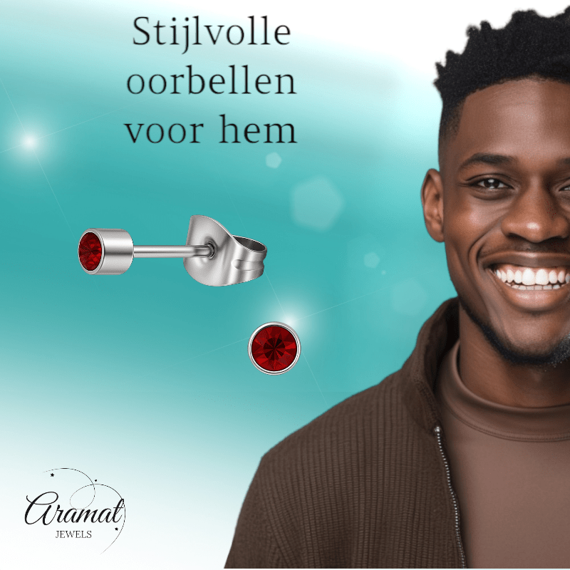 Mini oorstekers granaatrood kristal – 3mm RVS - Aramat Jewels - Oorbellen - cadeautip