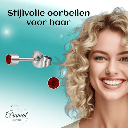 Mini oorstekers granaatrood kristal – 3mm RVS - Aramat Jewels - Oorbellen - cadeautip
