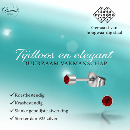Mini oorstekers granaatrood kristal – 3mm RVS - Aramat Jewels - Oorbellen - cadeautip