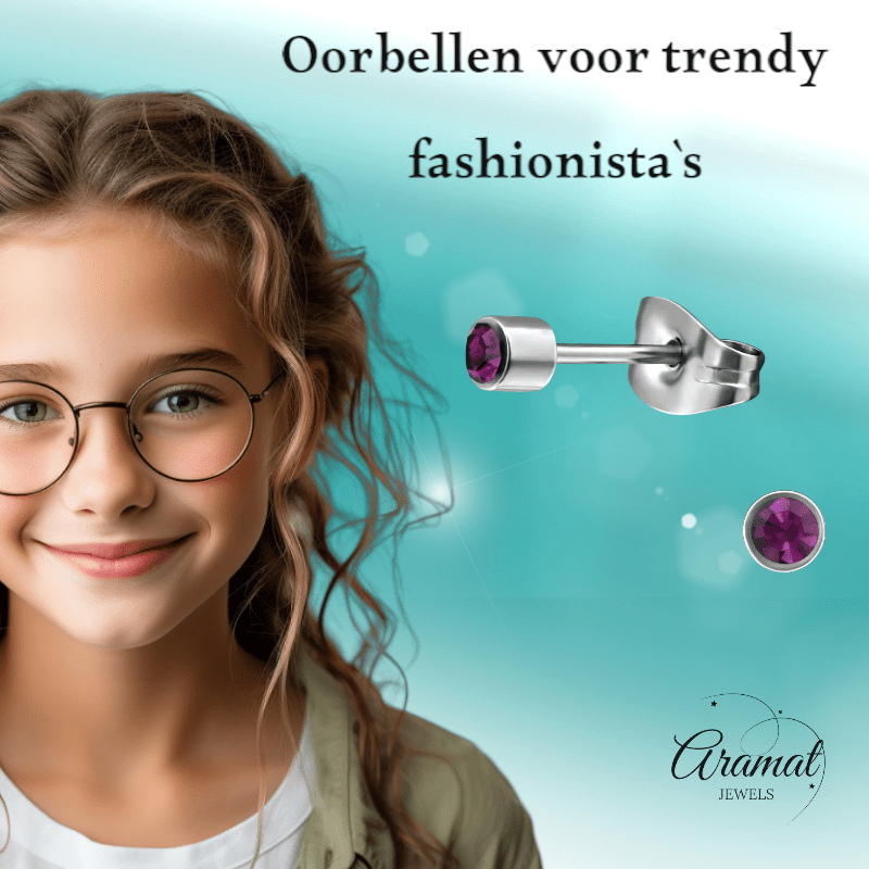 Mini oorstekers lavendel kristal – 3mm RVS - Aramat Jewels - Oorbellen - cadeautip