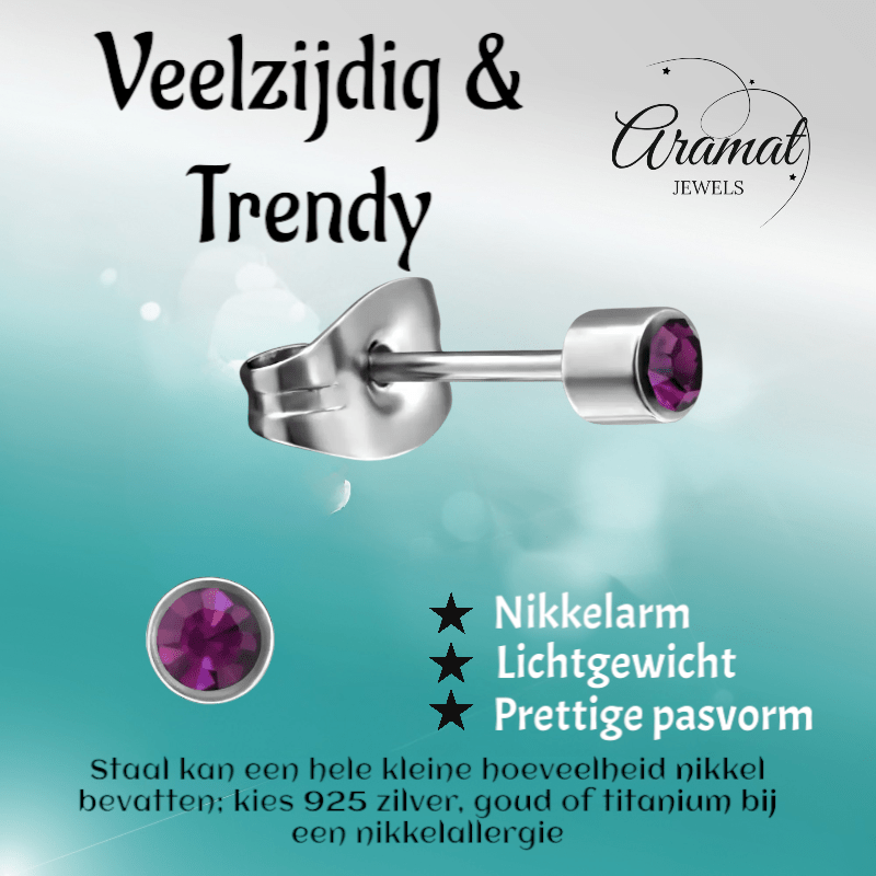 Mini oorstekers lavendel kristal – 3mm RVS - Aramat Jewels - Oorbellen - cadeautip