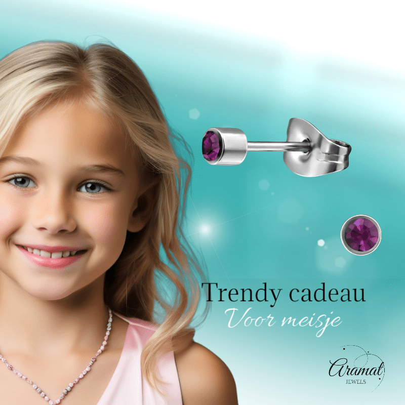Mini oorstekers lavendel kristal – 3mm RVS - Aramat Jewels - Oorbellen - cadeautip