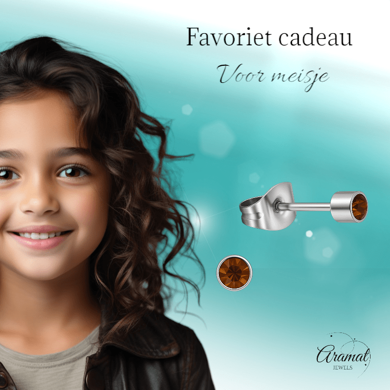 Mini oorstekers topaasbruin kristal – 3mm RVS - Aramat Jewels - Oorbellen - cadeautip