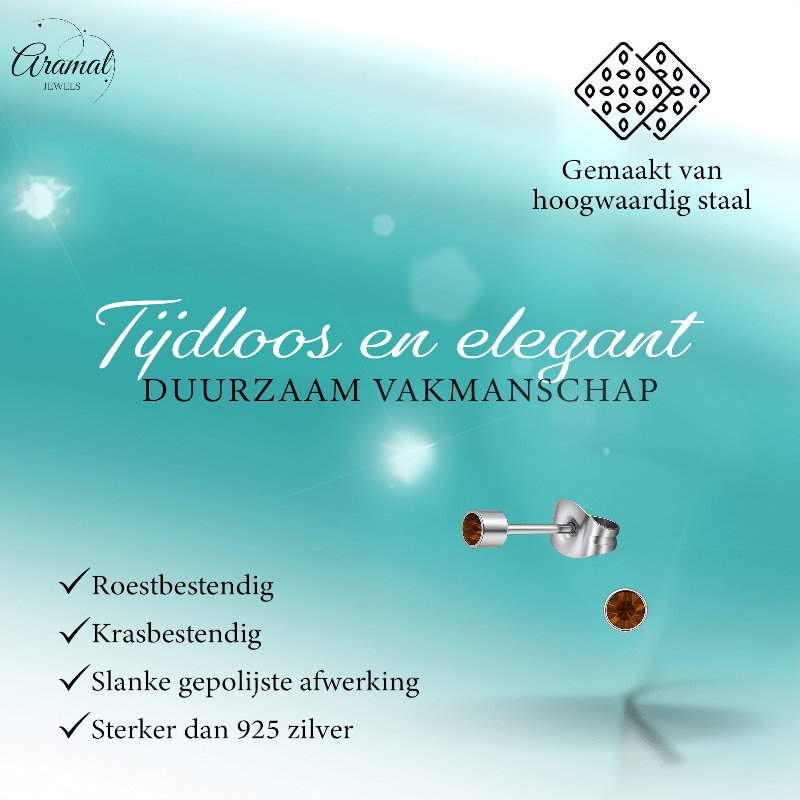 Mini oorstekers topaasbruin kristal – 3mm RVS - Aramat Jewels - Oorbellen - cadeautip
