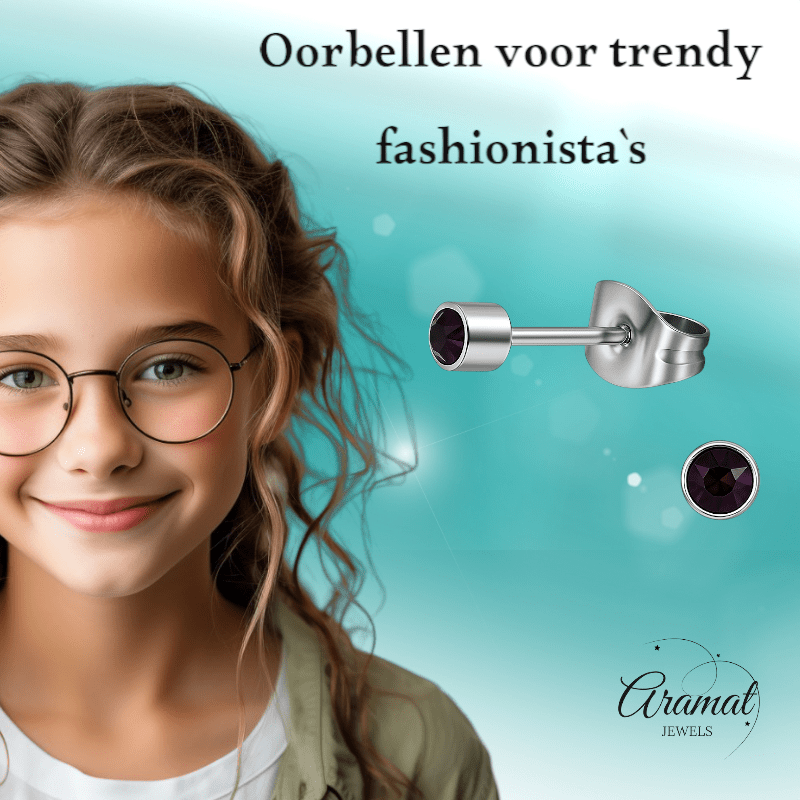 Mini paarse kristal oorstekers – 3mm elegant - Aramat Jewels - Oorbellen - cadeautip