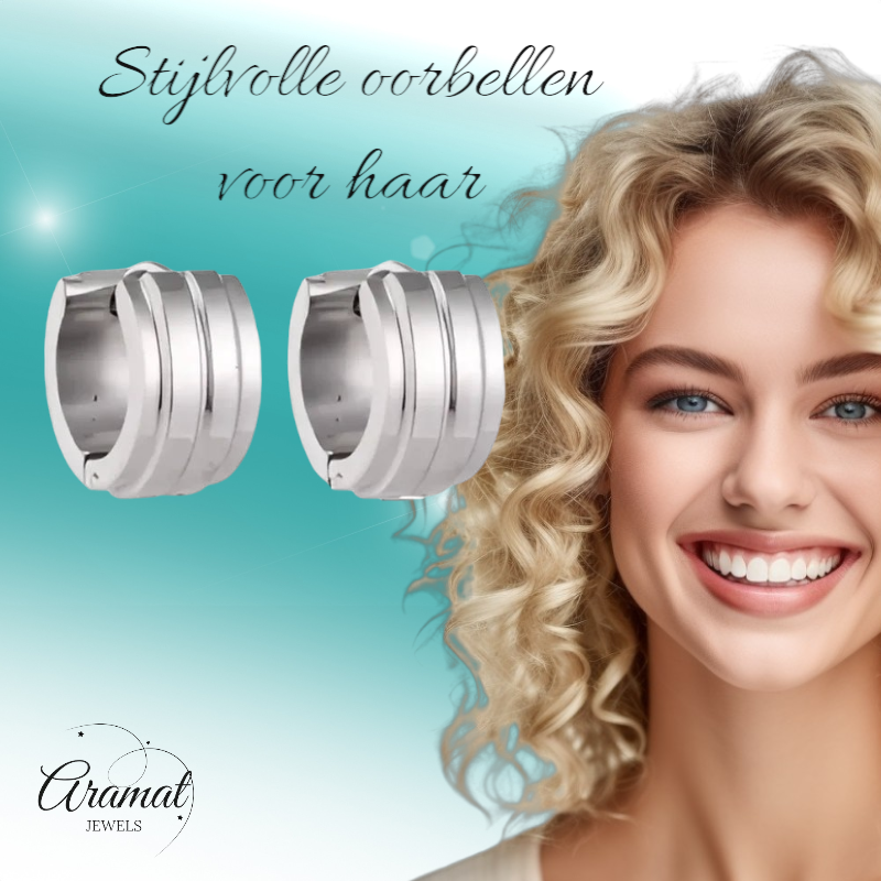 Zilverkleurige Klapcreolen - RVS - Twee Strepen - 13 mm - Uniseks