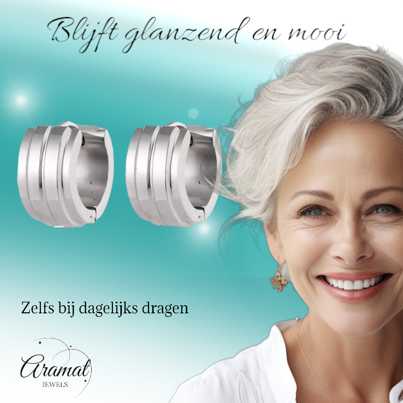 Zilverkleurige Klapcreolen - RVS - Twee Strepen - 13 mm - Uniseks