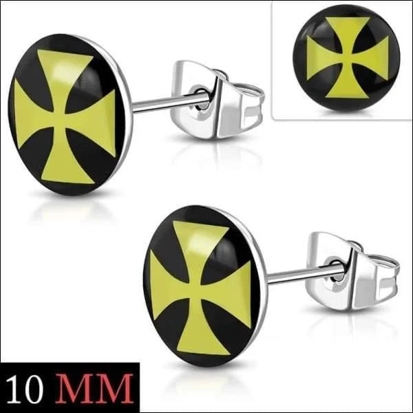 Stoere Stalen Logo Oorknoppen - Trendy Oorbellen 10mm / Kruis-geel-zwart