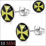 Stoere Stalen Logo Oorknoppen - Trendy Oorbellen 10mm / Kruis-geel-zwart