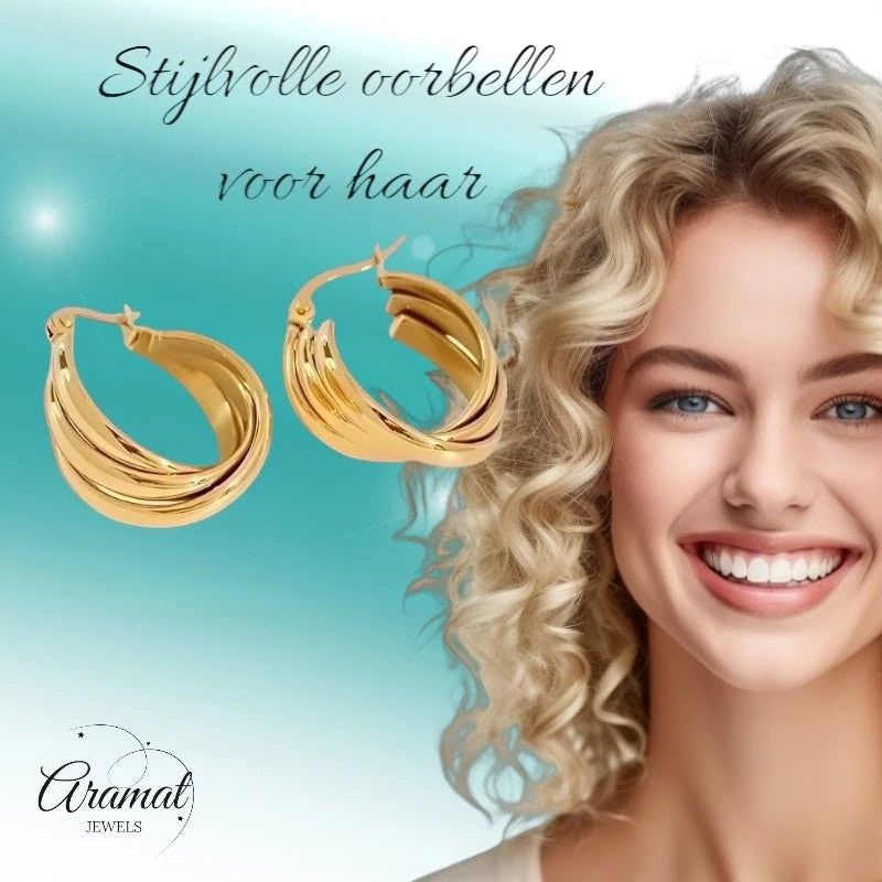 Multi Oorringen RVS Goudkleurig – 22mm – 3 Gladde Hoepels - oor6325 - 67351 - Oorringen kopen# - 22mm - alles - cadeau