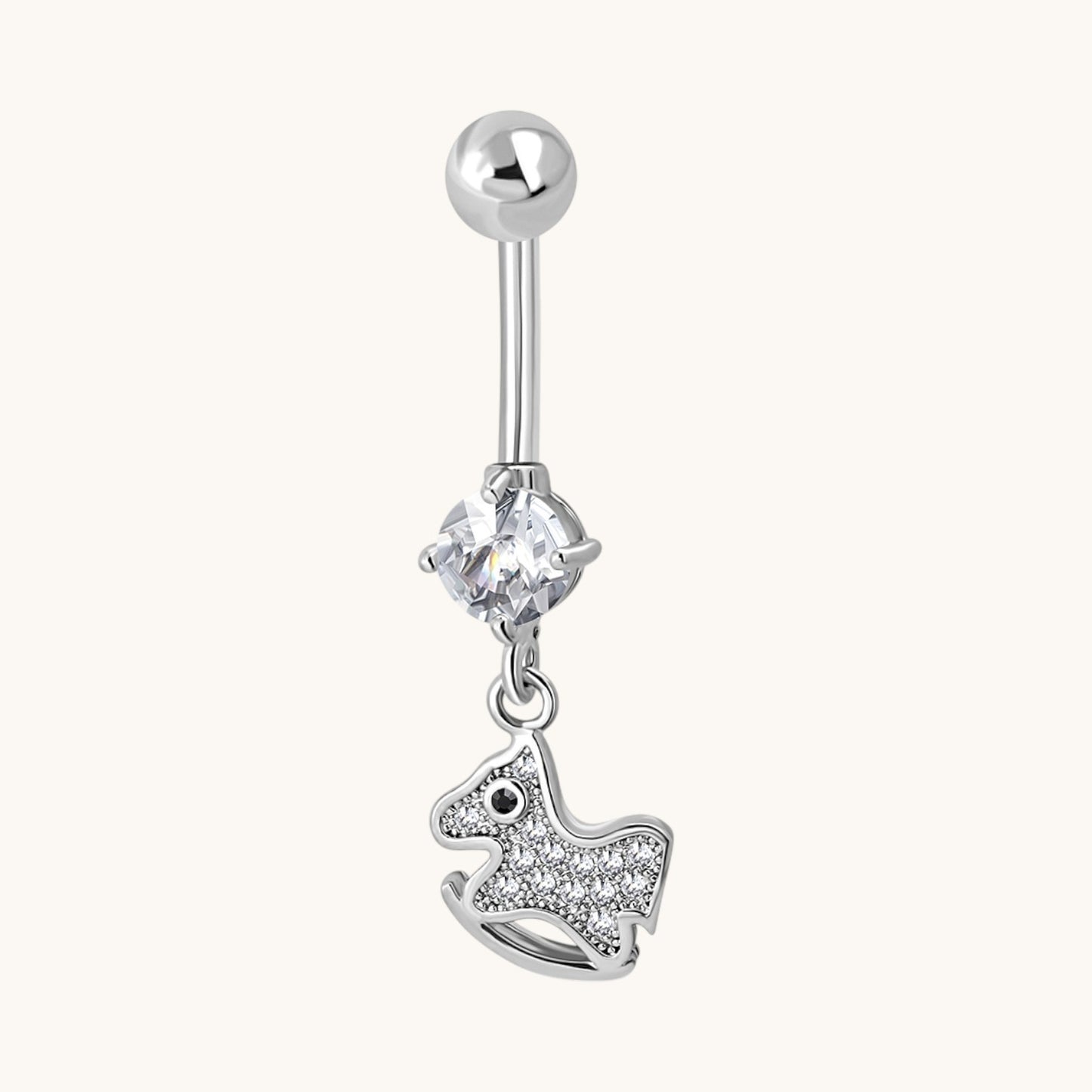 Silver-colored navel piercing with horse pendant with zirconia