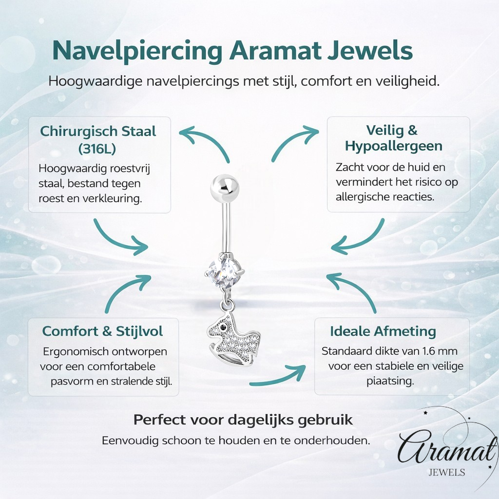 Silver-colored navel piercing with horse pendant with zirconia
